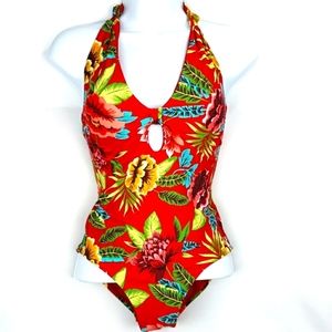 NWT Sun Lab Swim One Piece Key Hole Hawaiian Print